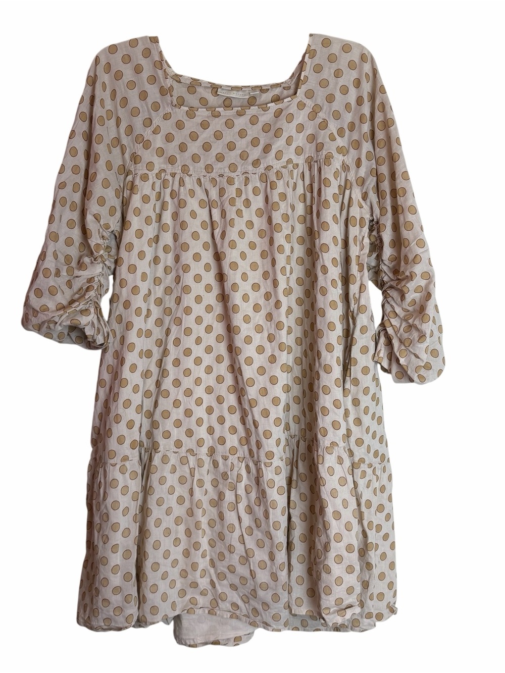 Polka Dot Smocked Yoke Tunic Dress in Cream and Tan